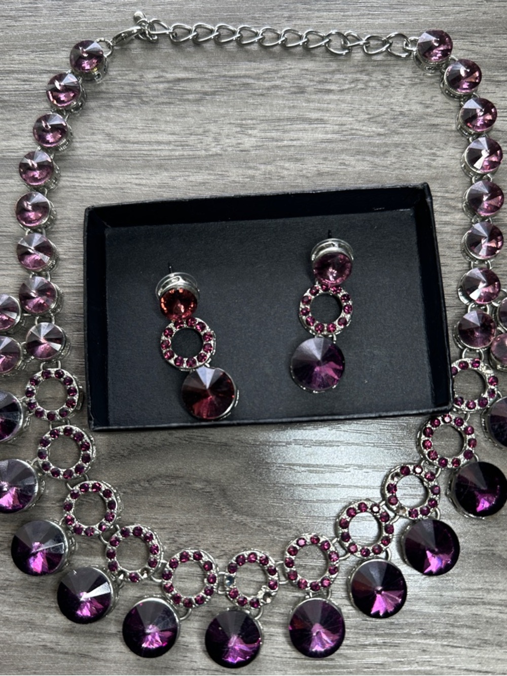Purple Crystal Statement Necklace and Earrings Set